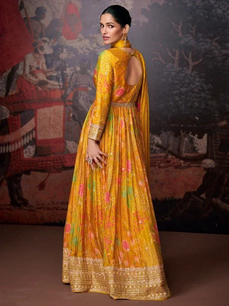 Yellow floral anarkali gown with back cutout, ethnic Indian wear for women