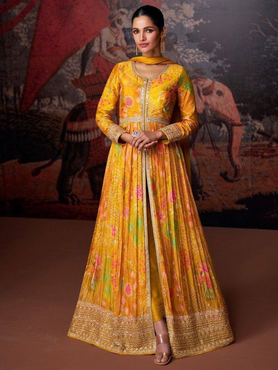 Yellow floral anarkali suit with gold embroidery, perfect for Indian ethnic occasions