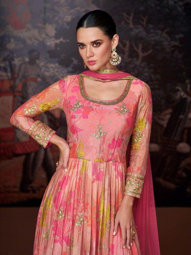 Gorgeous Pink Floral Printed Georgette Function Wear Pant Suit