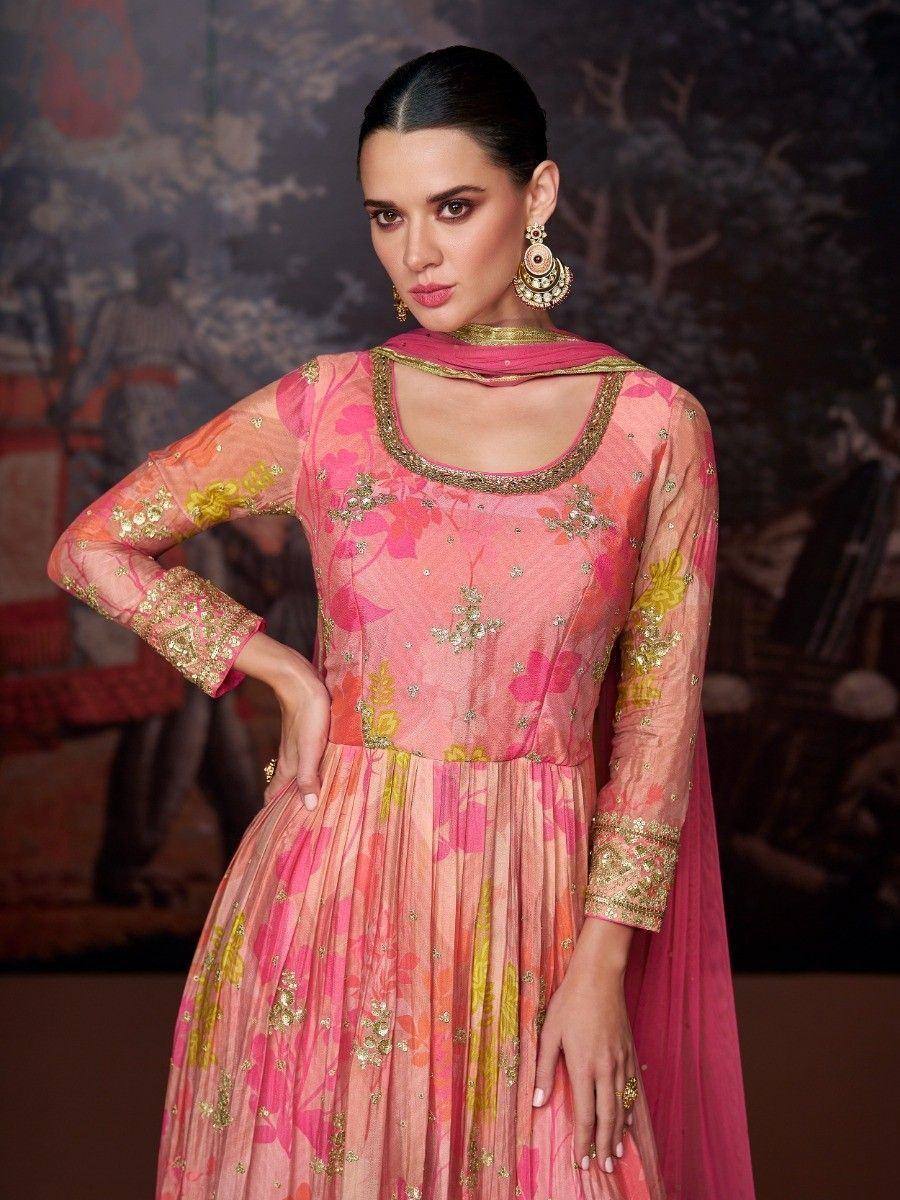 Pink floral embroidered anarkali suit with gold detailing and matching dupatta, perfect for Indian ethnic occasions.
