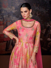 Gorgeous Pink Floral Printed Georgette Function Wear Pant Suit