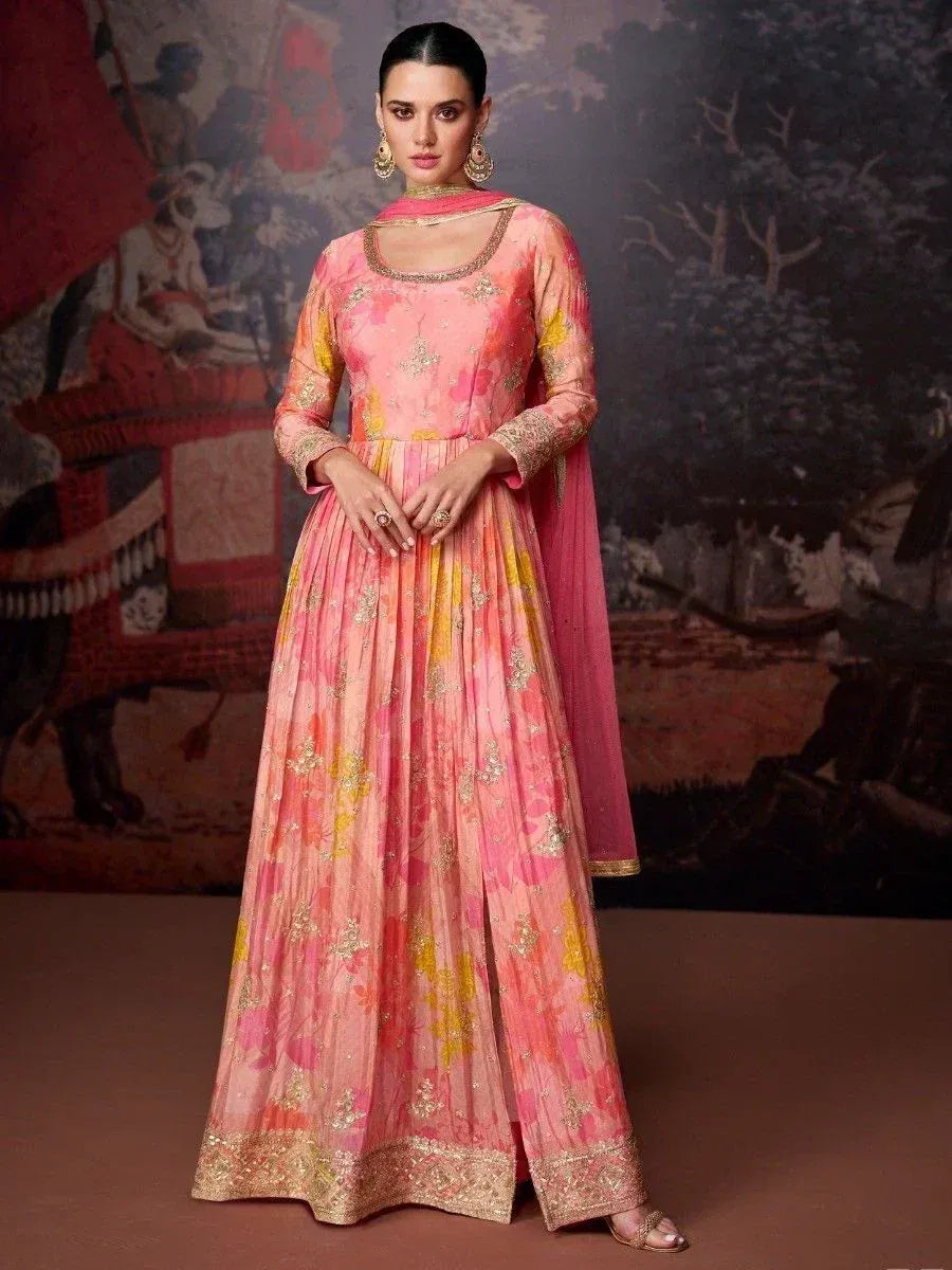 Pink floral embroidered anarkali gown with gold detailing, perfect for Indian ethnic occasions
