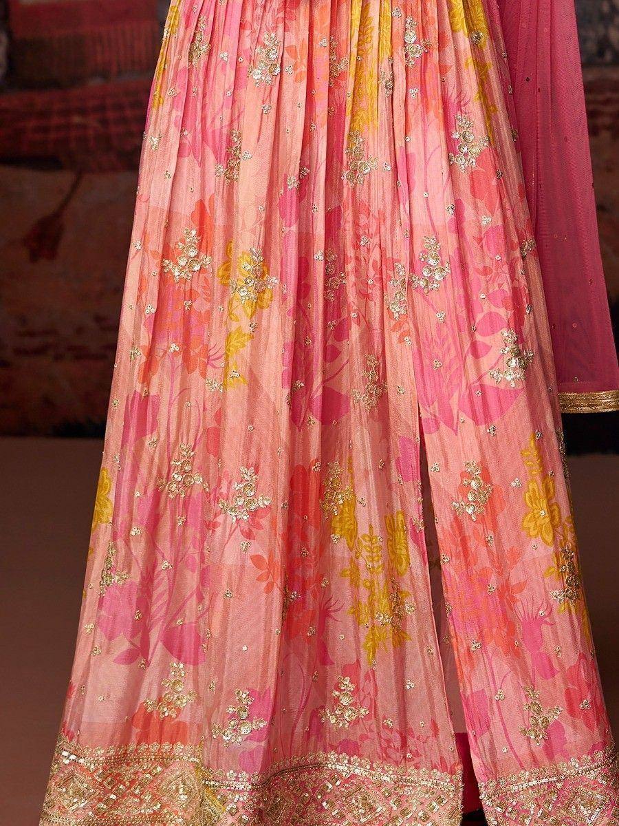 Pink floral embroidered lehenga with gold embellishments, perfect for Indian ethnic wear occasions