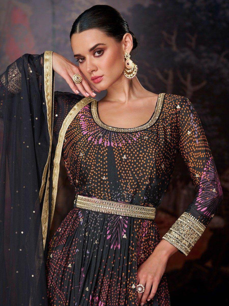 Captivating Black Digital Printed Georgette Evening Wear Pant Suit