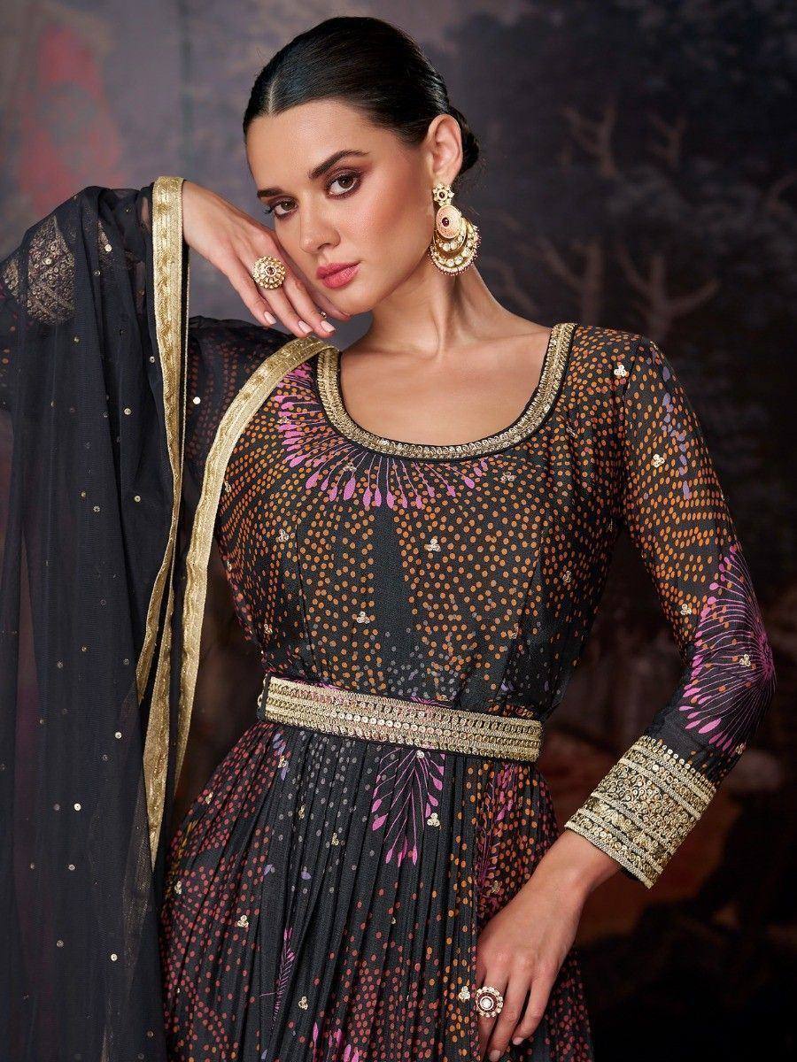Black and pink embroidered ethnic gown with gold trim, perfect for Indian festive occasions