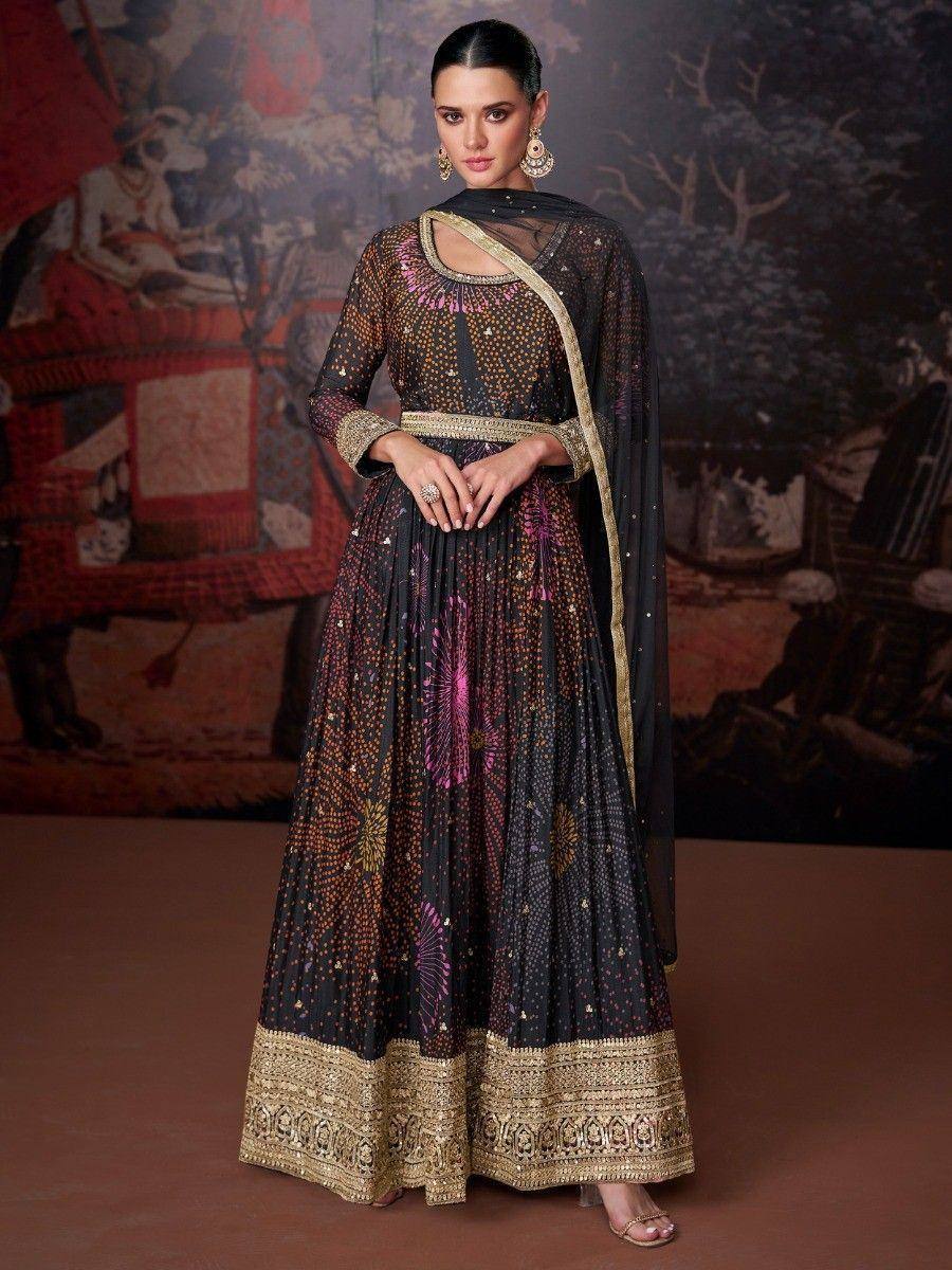 Black and gold embroidered anarkali suit with pink floral motifs, perfect for Indian ethnic wear occasions