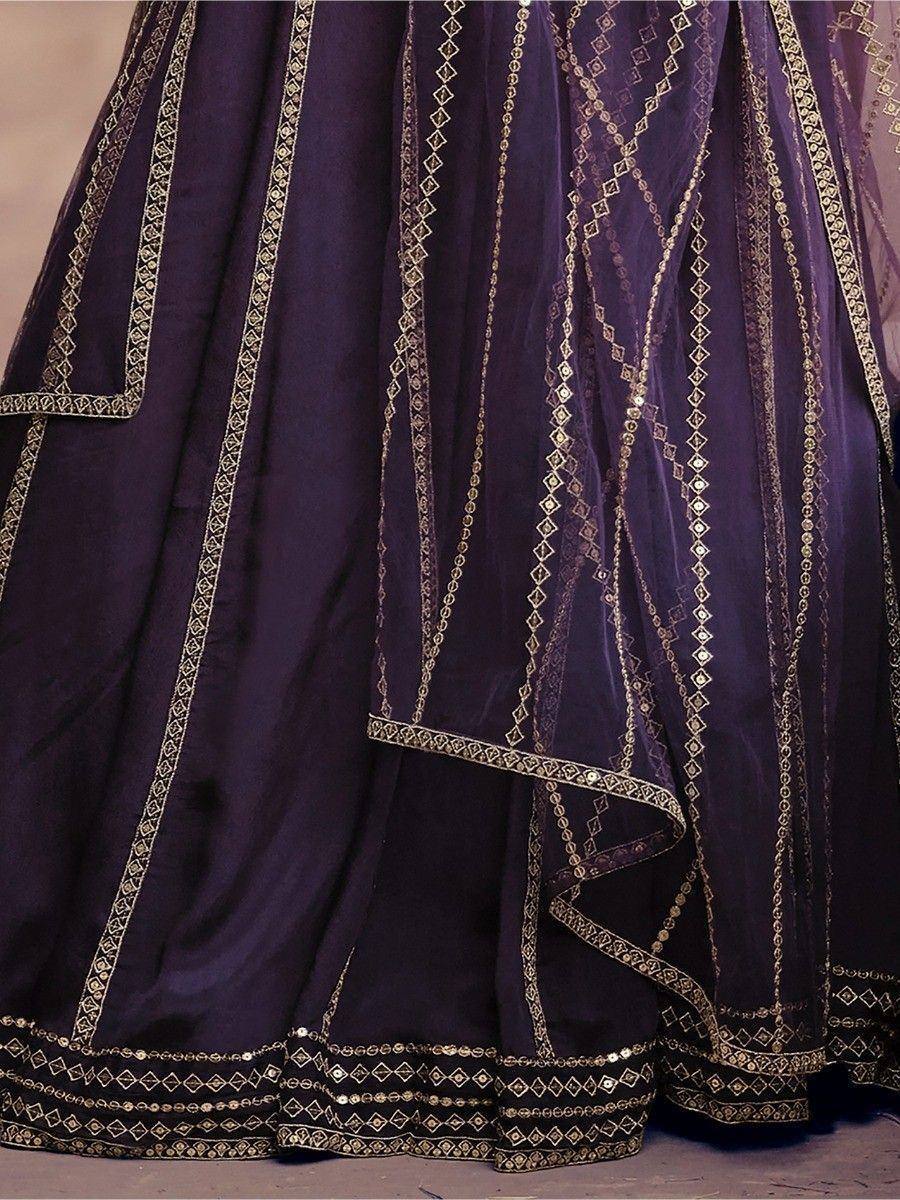 Purple designer lehenga with gold embroidery and mirror work, ethnic Indian wear
