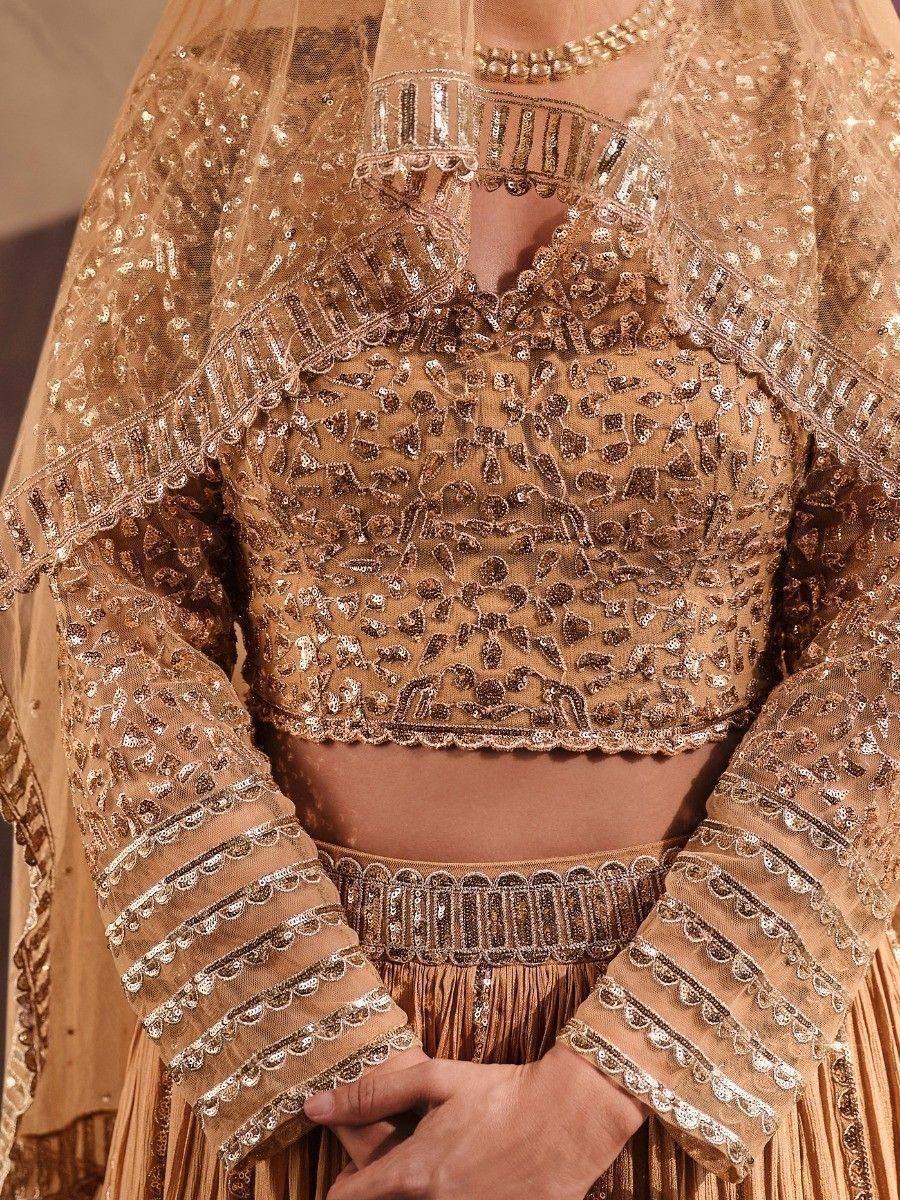 Gold sequin lehenga choli with sheer dupatta, ethnic Indian bridal wear
