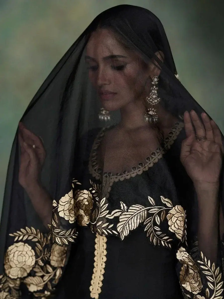 Mesmerizing Black Embroidered Silk Reception Wear Gown With Dupatta