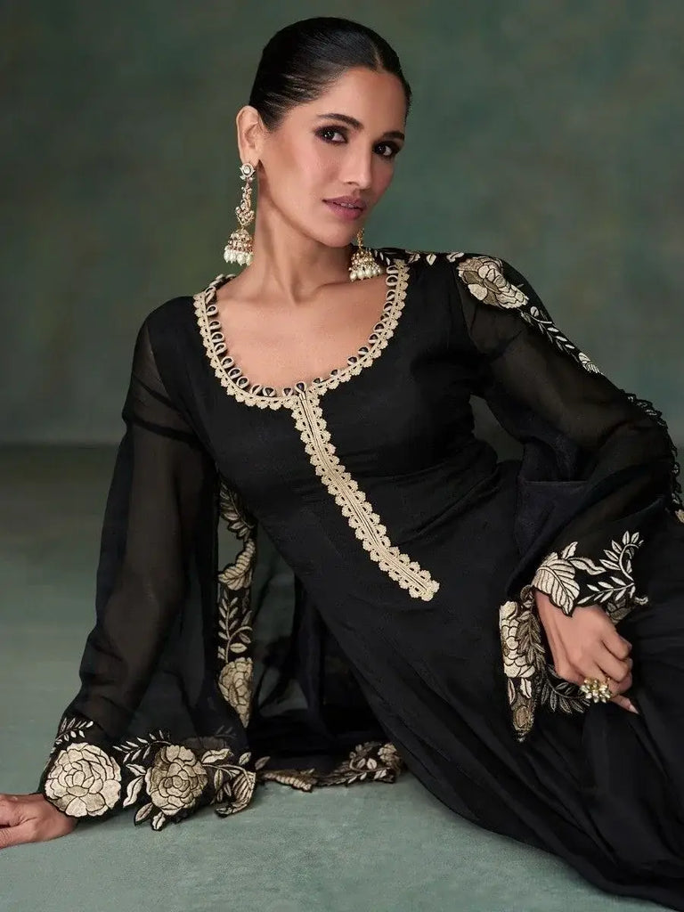 Mesmerizing Black Embroidered Silk Reception Wear Gown With Dupatta
