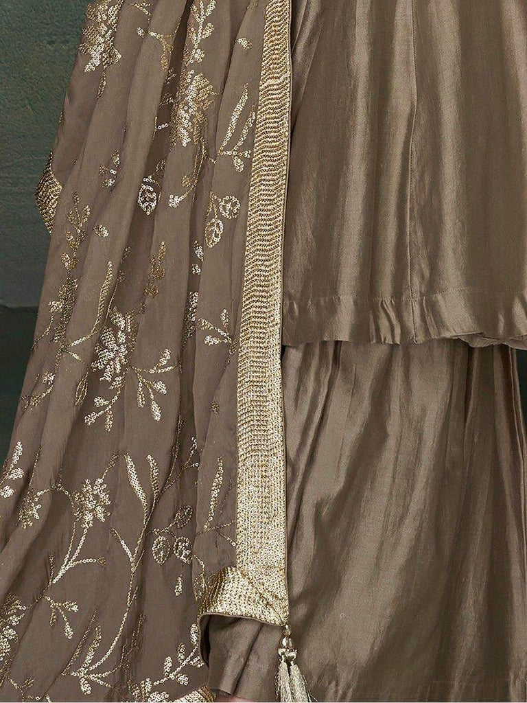 Precious Sage Brown Silk Festival Wear Palazzo Suit With Dupatta