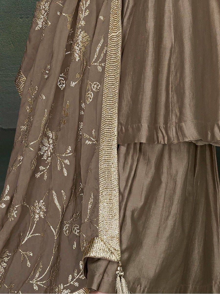Brown ethnic lehenga choli with gold floral embroidery and sequin dupatta border