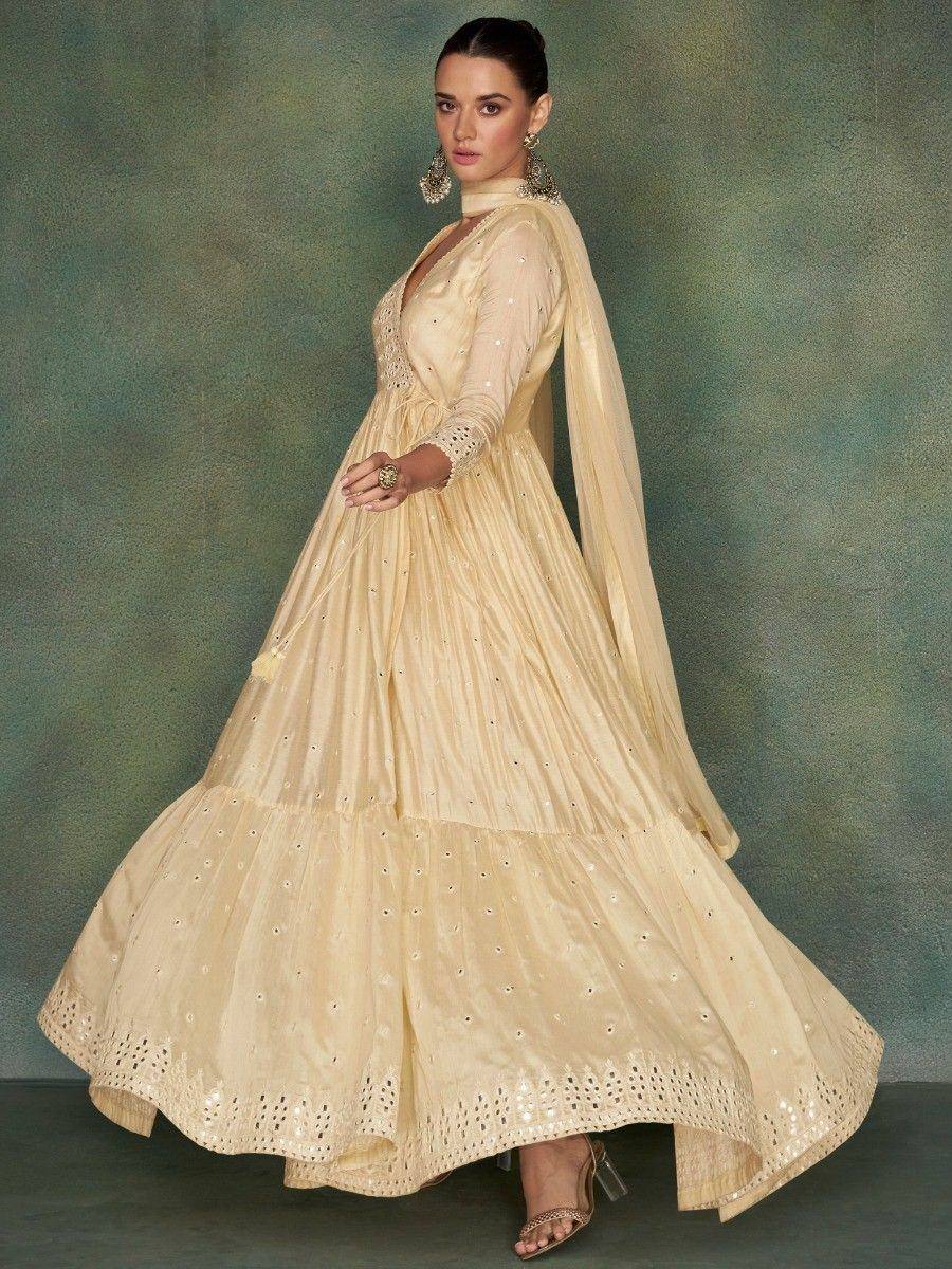 Cream designer anarkali gown with mirror work and dupatta, ethnic Indian wear for women