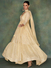 Awesome Cream Mirror Work Silk Function Wear Gown With Dupatta