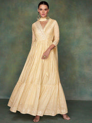 Awesome Cream Mirror Work Silk Function Wear Gown With Dupatta