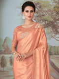 Elegant Peach Border Work Silk Party Wear Saree With Blouse