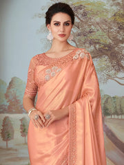 Elegant Peach Border Work Silk Party Wear Saree With Blouse