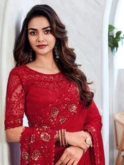 Astonishing Red Sequins Chiffon Party Wear Saree With Blouse