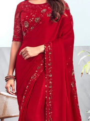 Astonishing Red Sequins Chiffon Party Wear Saree With Blouse