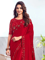 Astonishing Red Sequins Chiffon Party Wear Saree With Blouse