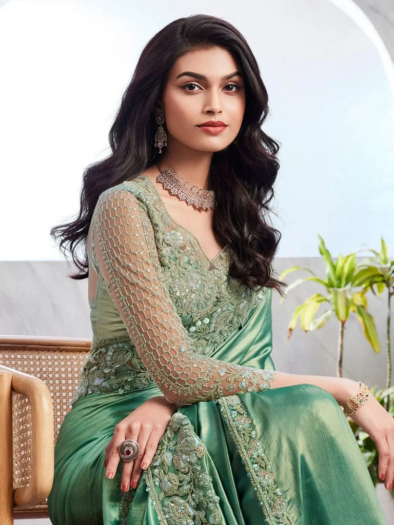 Attractive Green Embroidered Shimmer Silk Engagement Wear Saree