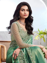Attractive Green Embroidered Shimmer Silk Engagement Wear Saree