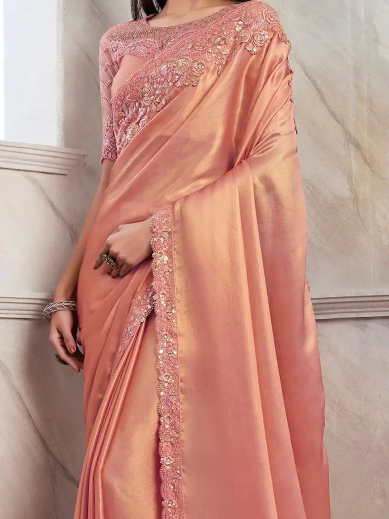 Stunning Peach Embroidered Shimmer Silk Event Wear Saree