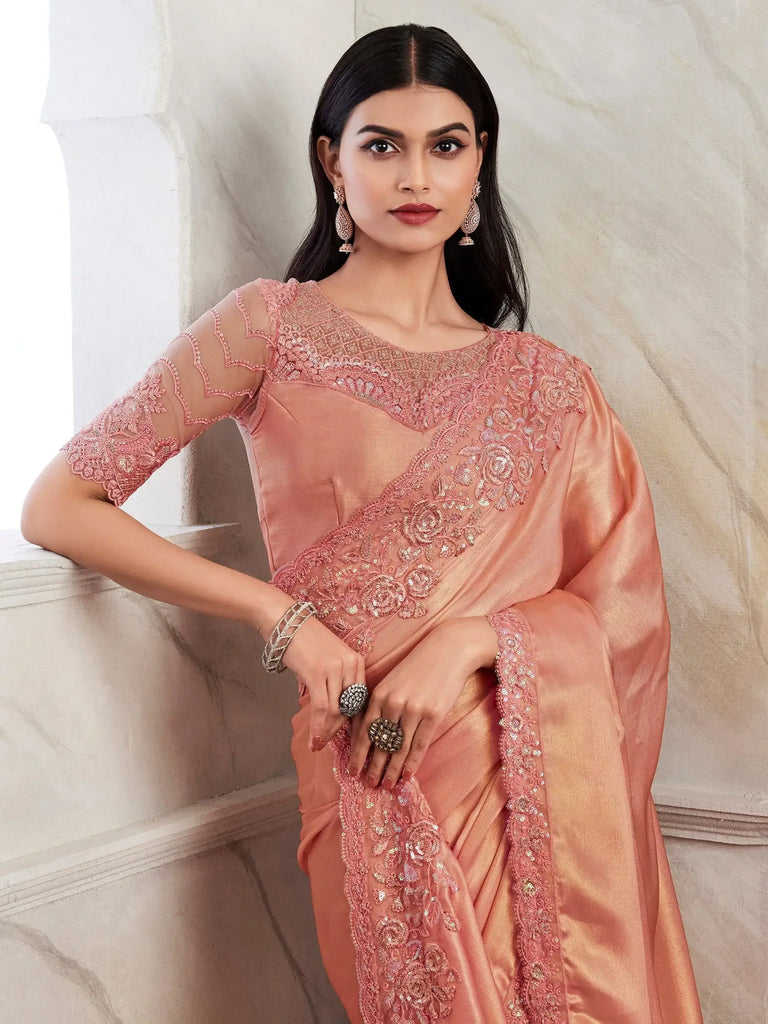 Stunning Peach Embroidered Shimmer Silk Event Wear Saree