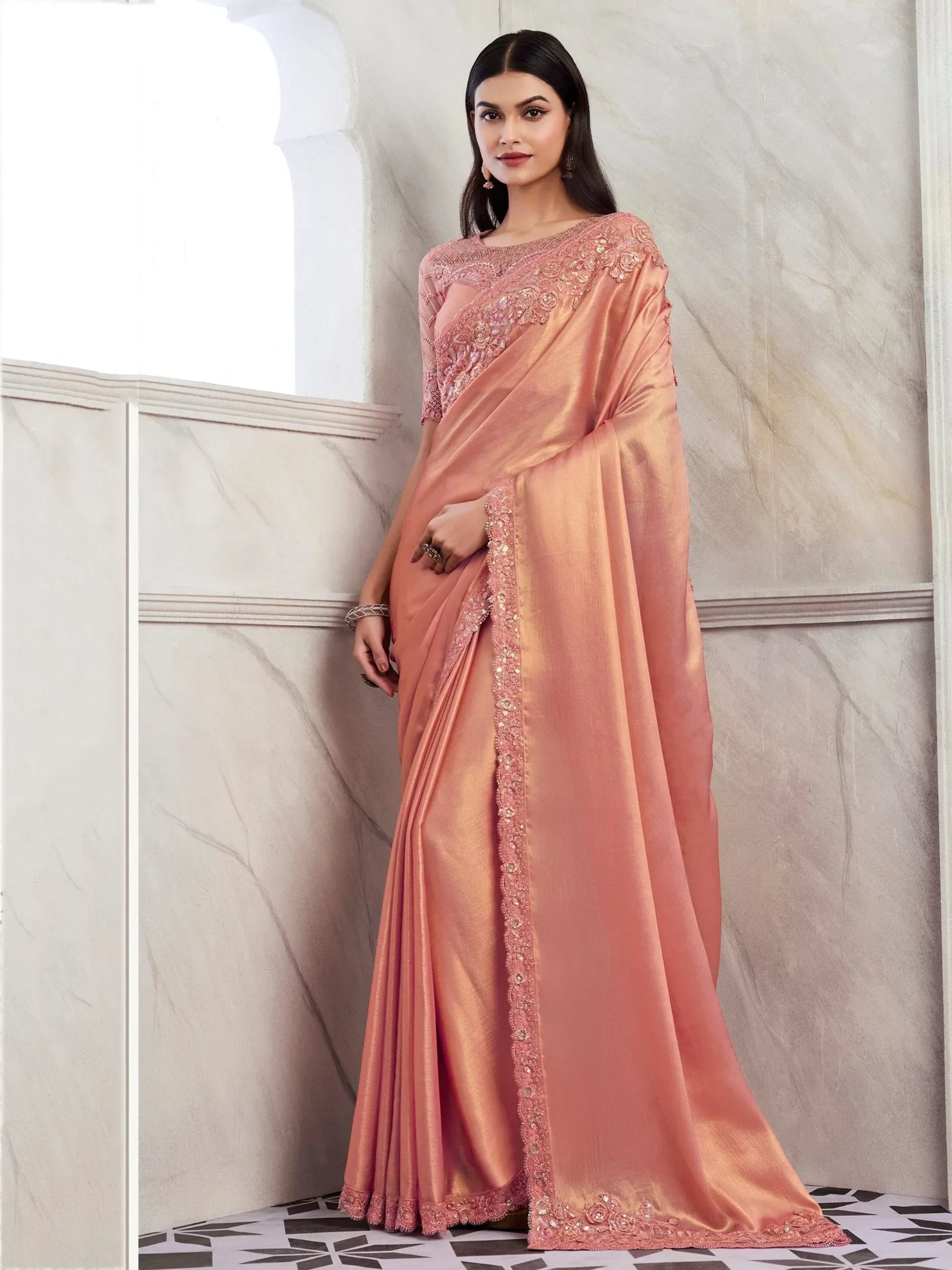 Stunning Peach Embroidered Shimmer Silk Event Wear Saree