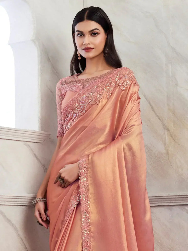 Stunning Peach Embroidered Shimmer Silk Event Wear Saree