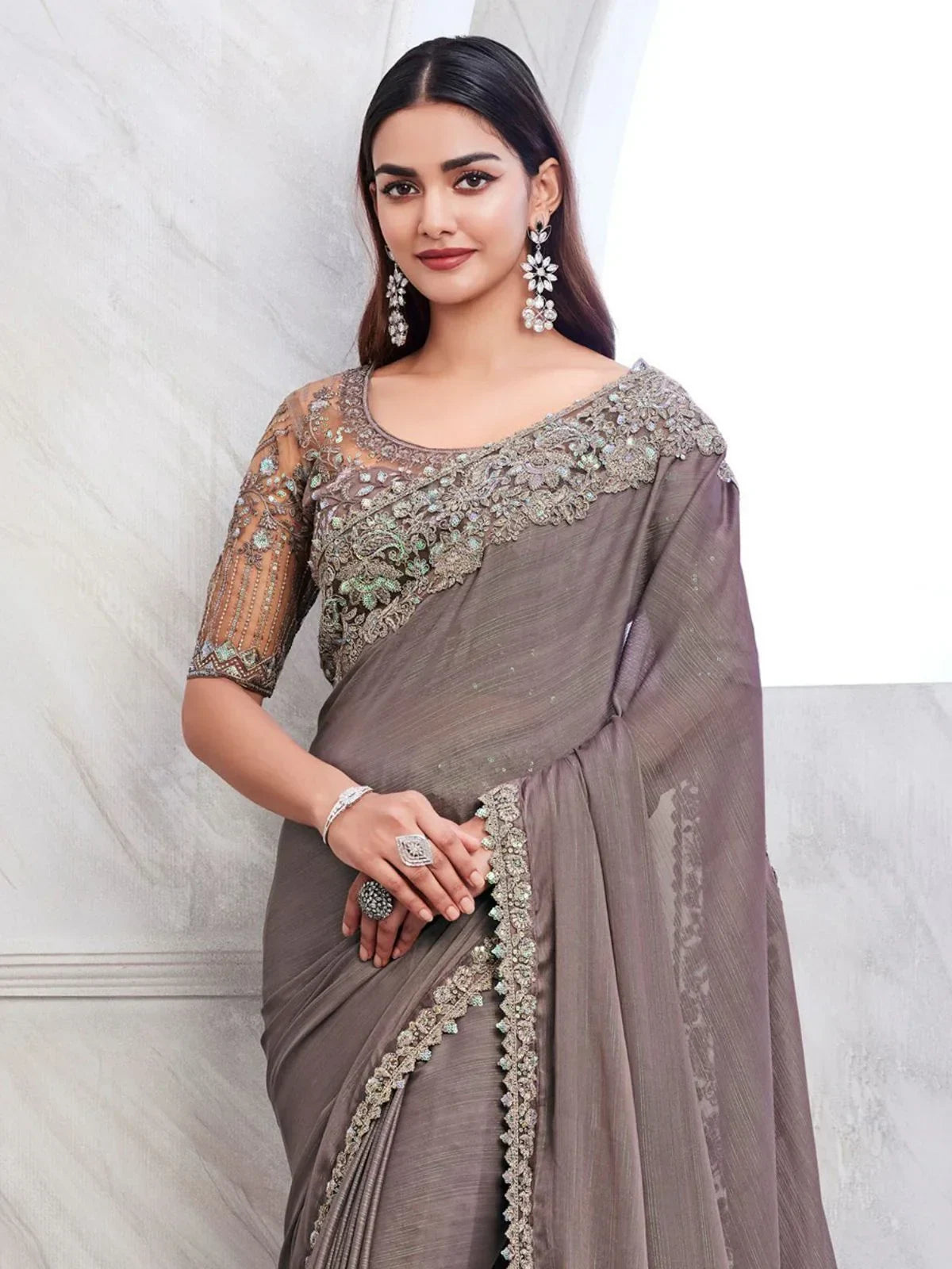 Enchanting Grey Embroidered Silk Festival Wear Saree With Blouse