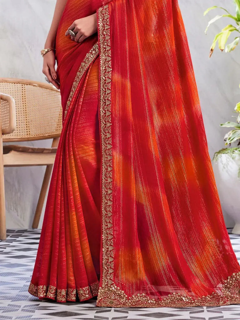 Beautiful Orange & Red Embroidered Silk Wedding Saree With Blouse