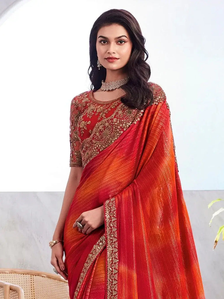 Beautiful Orange & Red Embroidered Silk Wedding Saree With Blouse
