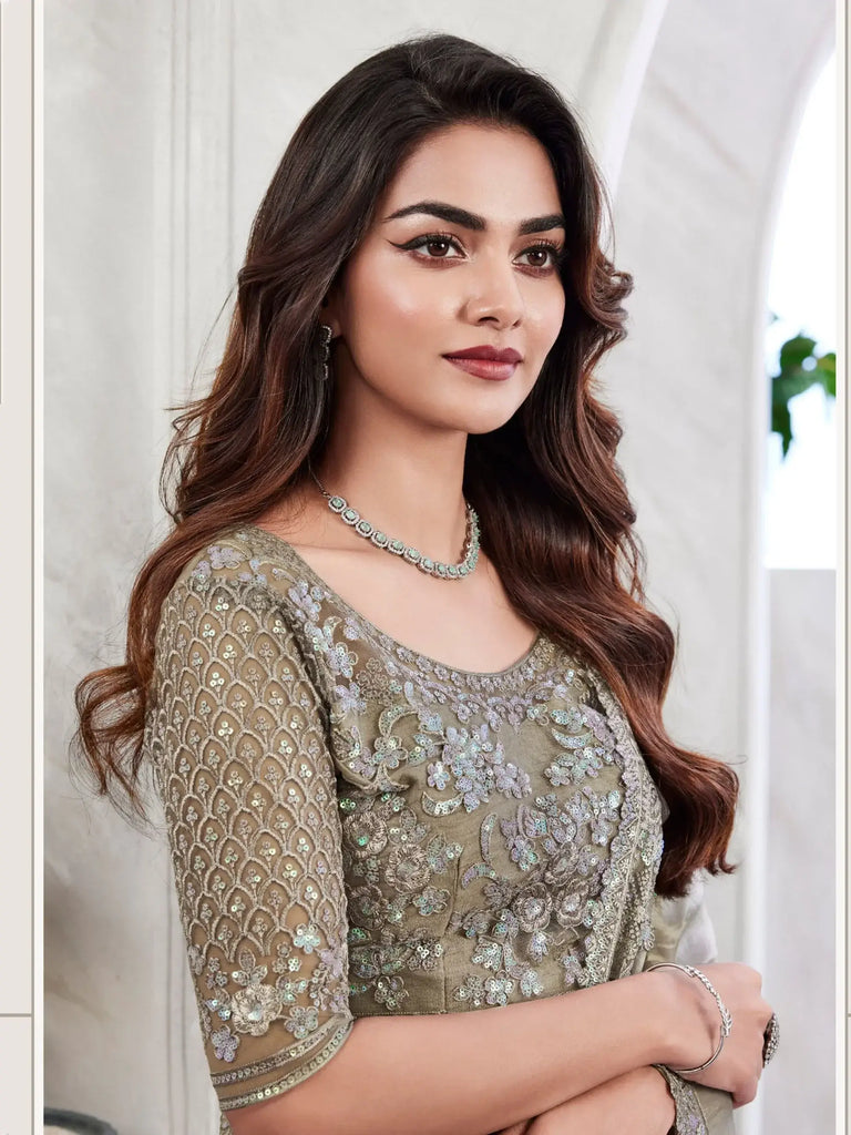 Captivating Light Olive Green Embroidered Shimmer Silk Designer Saree