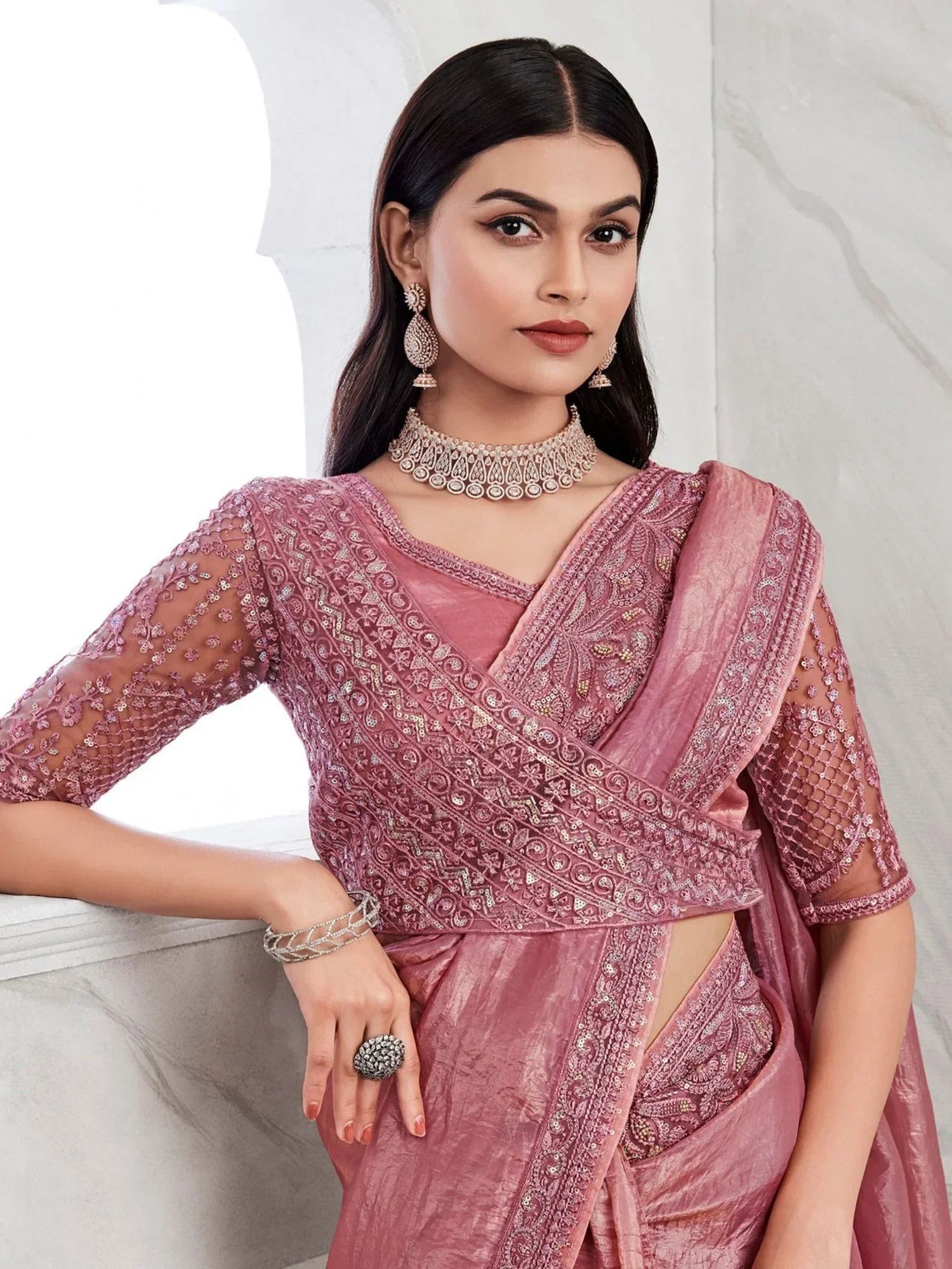 Fascinating Pink Embroidered Silk Engagement Wear Saree With Blouse