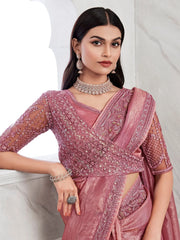 Fascinating Pink Embroidered Silk Engagement Wear Saree With Blouse