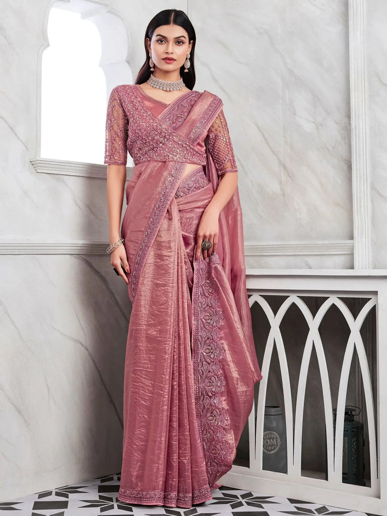 Fascinating Pink Embroidered Silk Engagement Wear Saree With Blouse