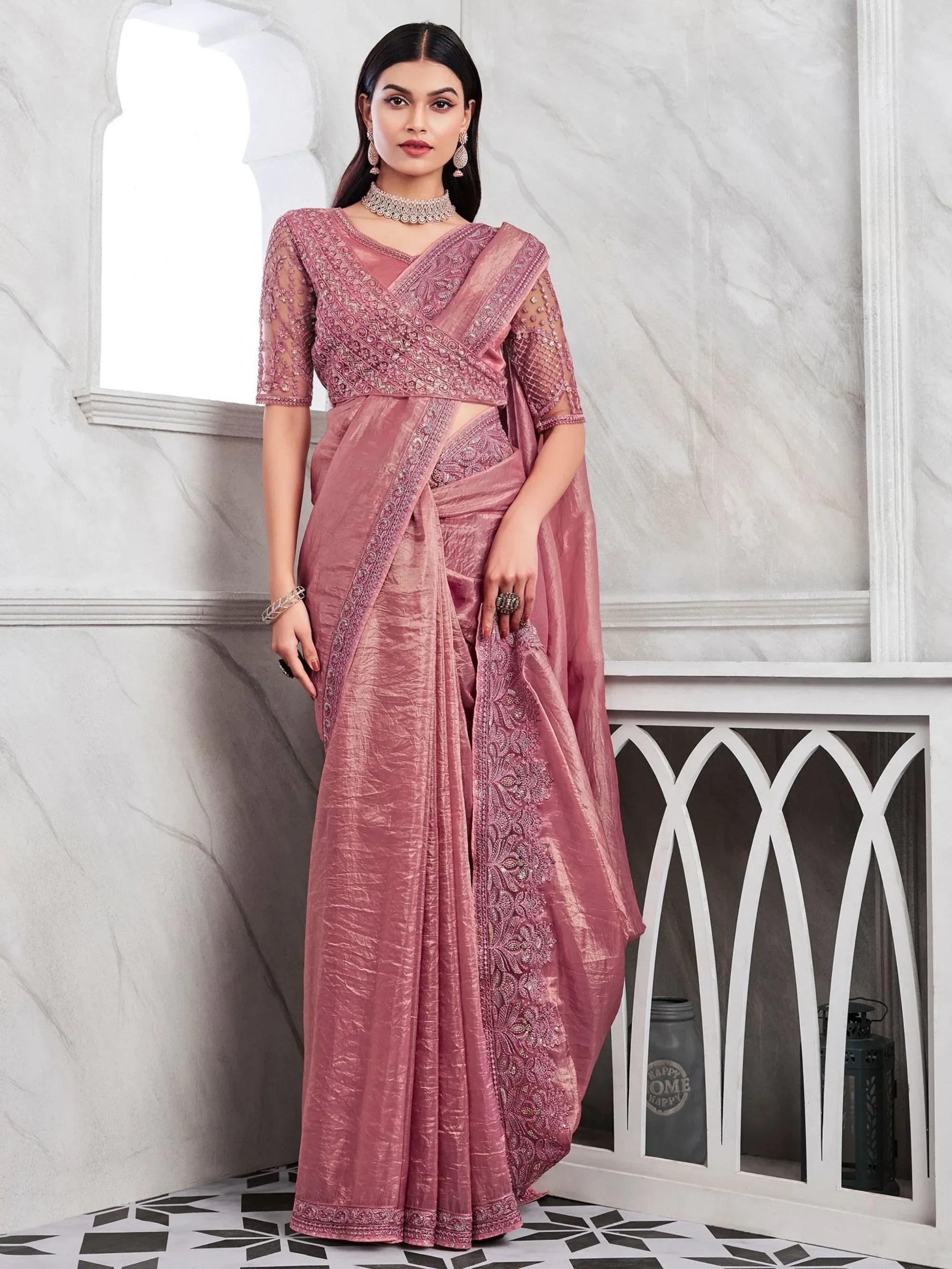 Fascinating Pink Embroidered Silk Engagement Wear Saree With Blouse