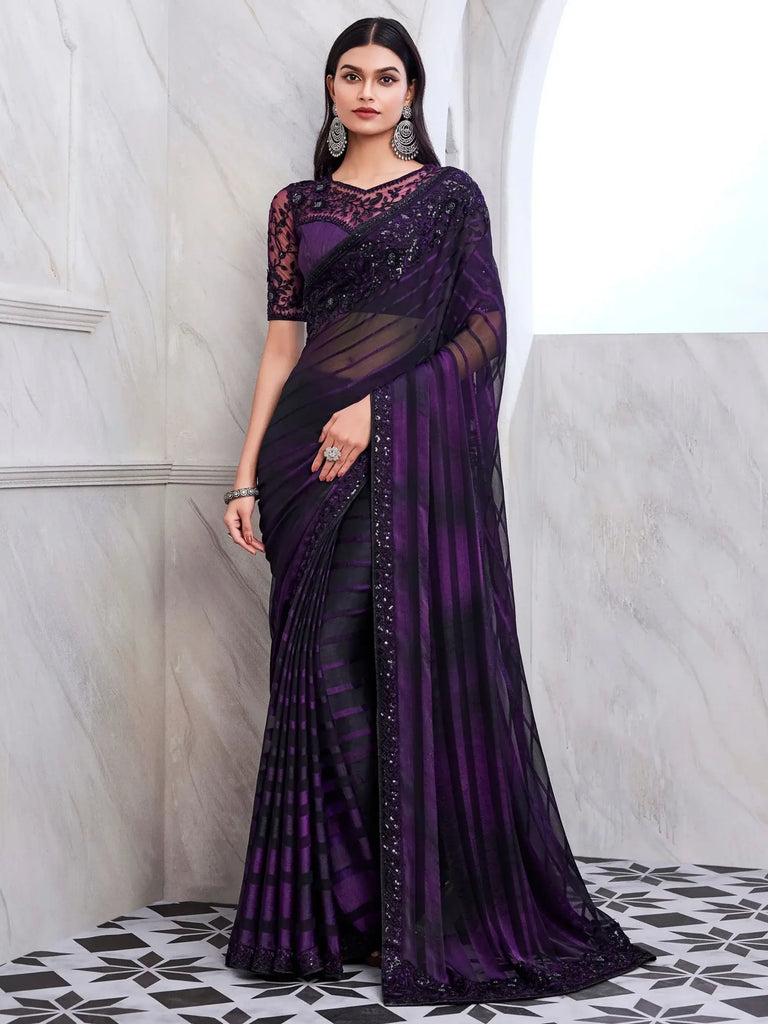 Charming Black & Purple Sequins Silk Reception Wear Saree With Blouse