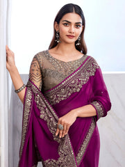 Glamorous Wine Sequins Chiffon Party Wear Saree With Blouse