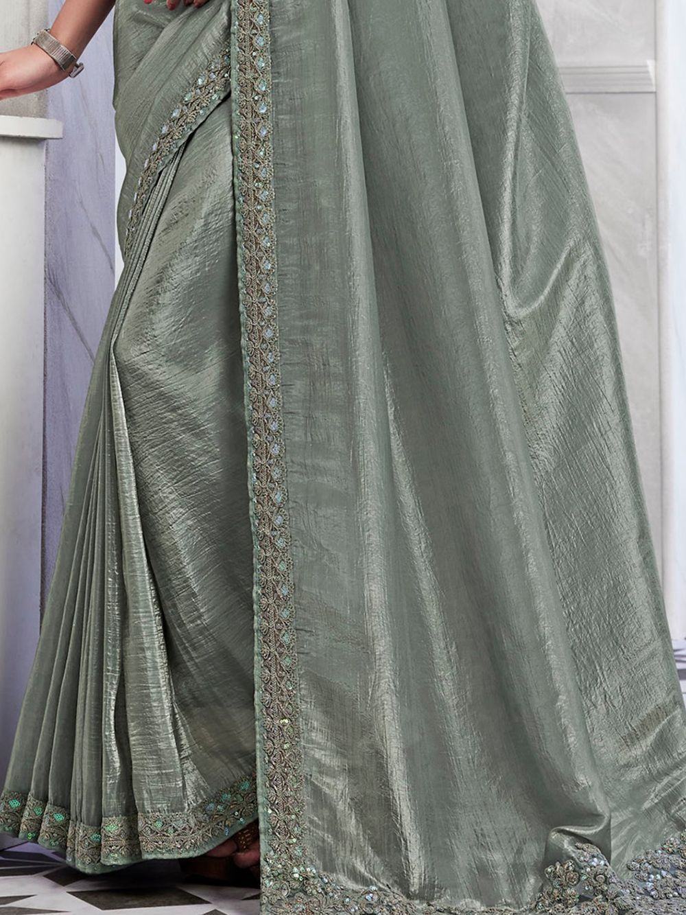 Wonderful Grey Embroidered Silk Designer Saree With Blouse
