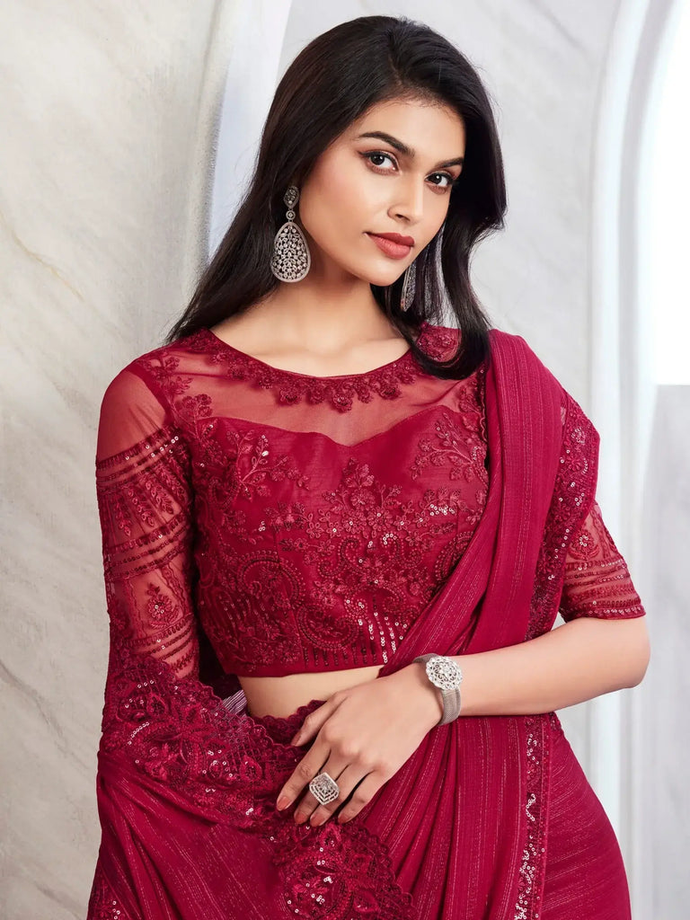 Precious Maroon Embroidered Shimmer Silk Party Wear Saree With Blouse