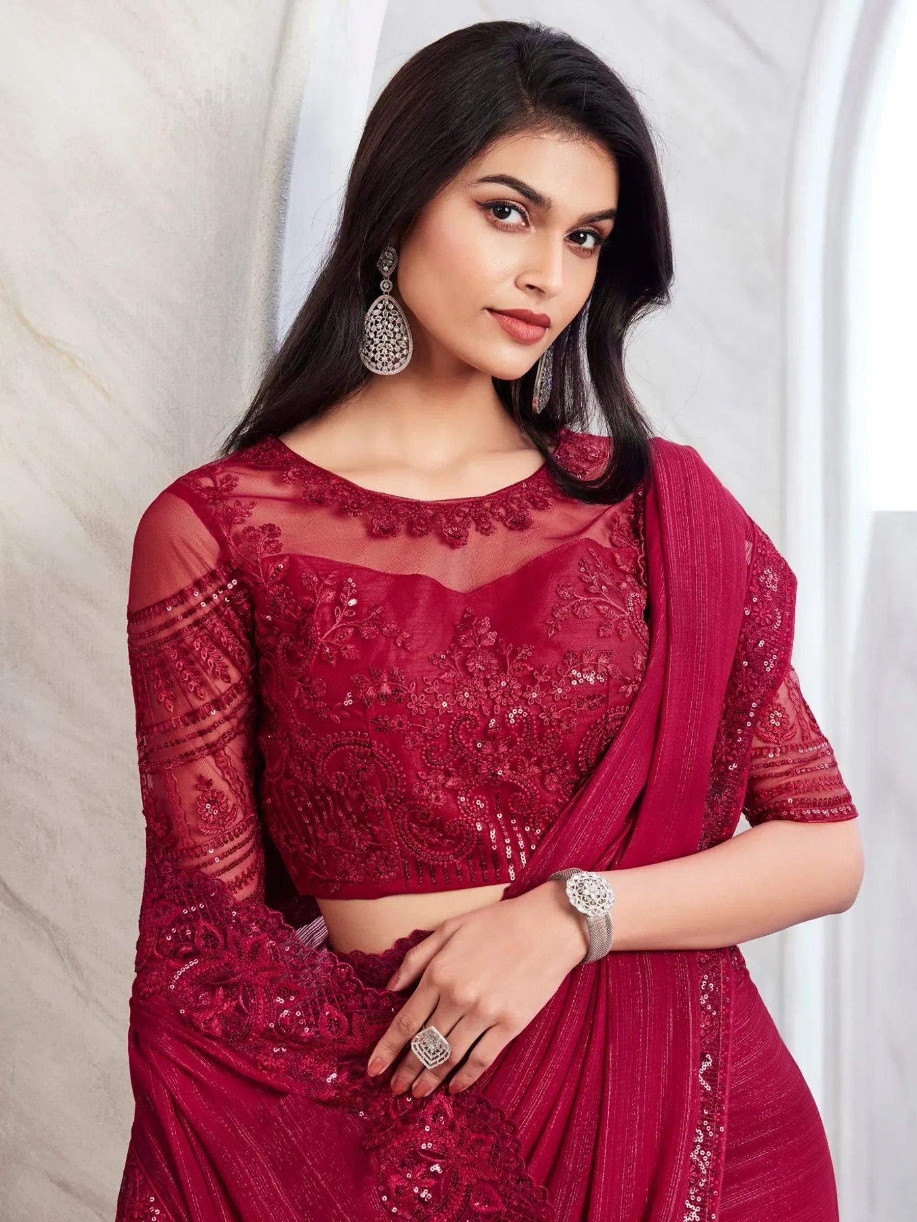 Precious Maroon Embroidered Shimmer Silk Party Wear Saree With Blouse