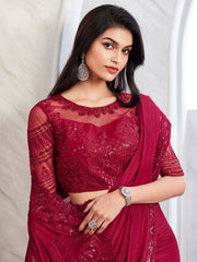Precious Maroon Embroidered Shimmer Silk Party Wear Saree With Blouse