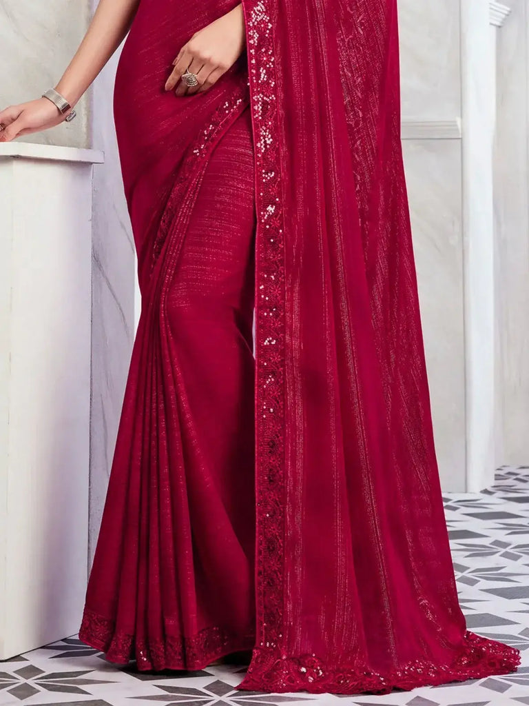 Precious Maroon Embroidered Shimmer Silk Party Wear Saree With Blouse