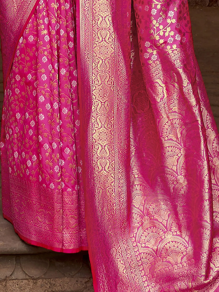 Dazzling Pink Zari Weaving Silk Festival Wear Saree With Blouse