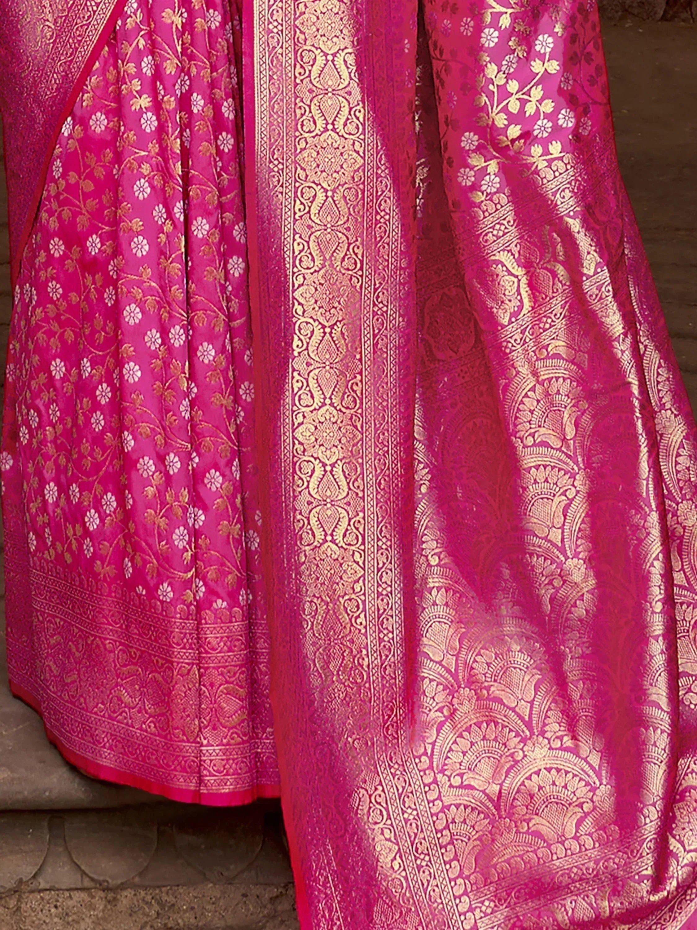 Fuchsia pink designer lehenga with gold floral and paisley brocade, perfect for Indian ethnic wear