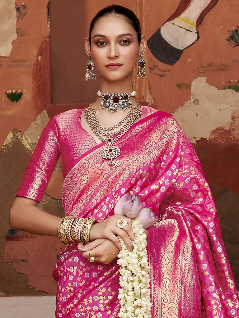 Dazzling Pink Zari Weaving Silk Festival Wear Saree With Blouse