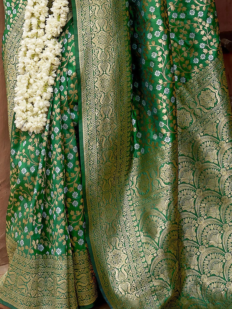 Spectacular Green Zari Weaving Silk Mehendi Wear Saree With Blouse