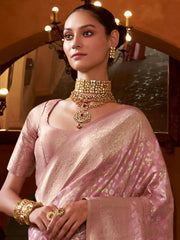 Enchanting Baby Pink Zari Weaving Silk Event Wear Saree With Blouse